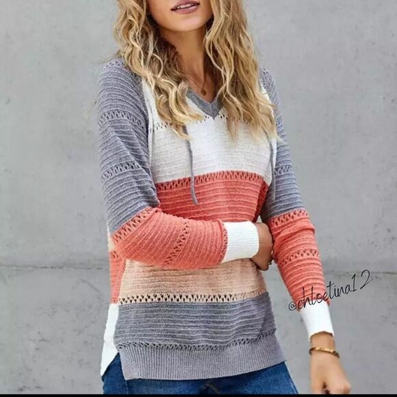 NEW Color Block Knit Pullover Hoodie - Wine Grey Mix - Picture 6 of 12